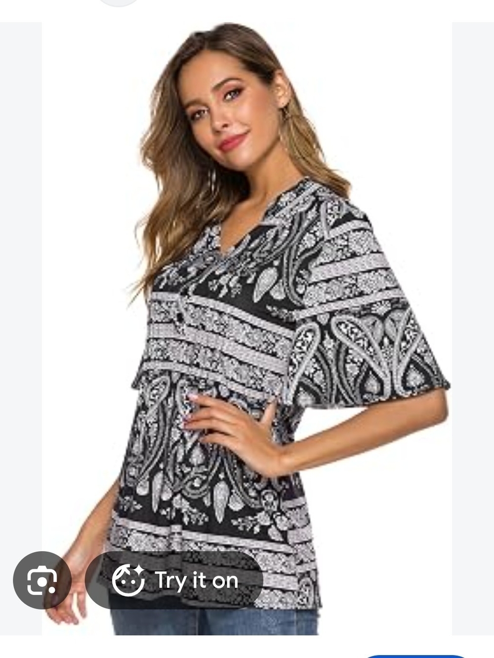Black & White Paisley V‑Neck Flutter Sleeve Tunic Top